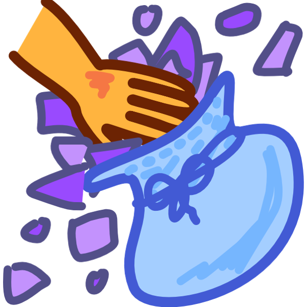 A bulging blue sack is overflowing with purple scraps. A yellow hand attempts to push the scraps back in. The image has dark line art